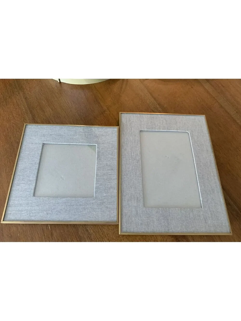 2 Photo Frames with Grey Linen Outside Mat and Gold Edging
